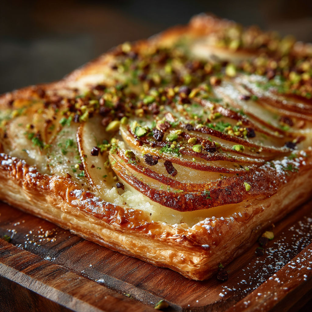 Une tarte aux pommes avec des pistaches et des herbes.