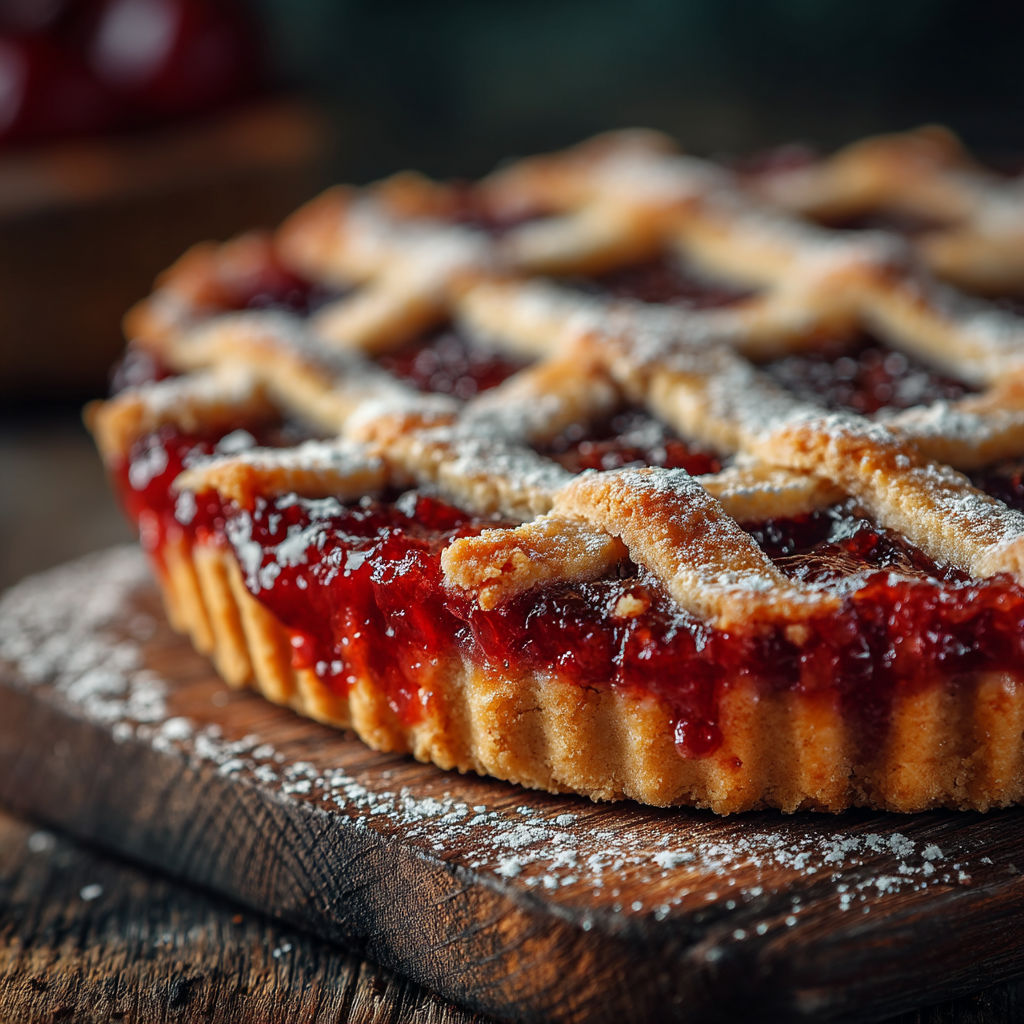 Une tarte aux fruits rouges sur une planche de bois.