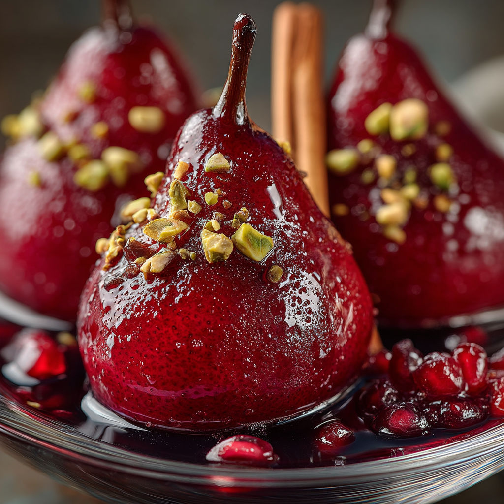 Poires au jus de grenade avec des noix de pistache.