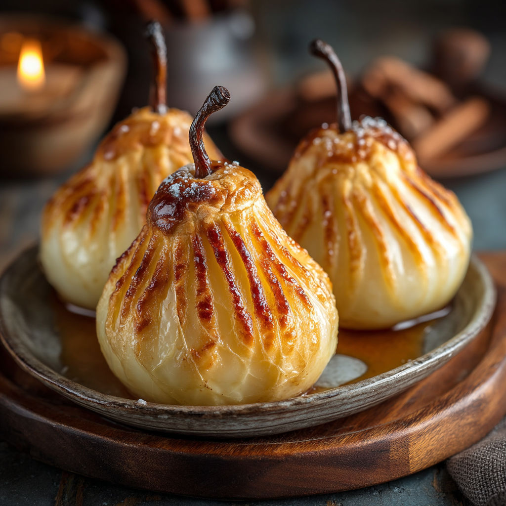 Deux poires grillées sur un plateau.