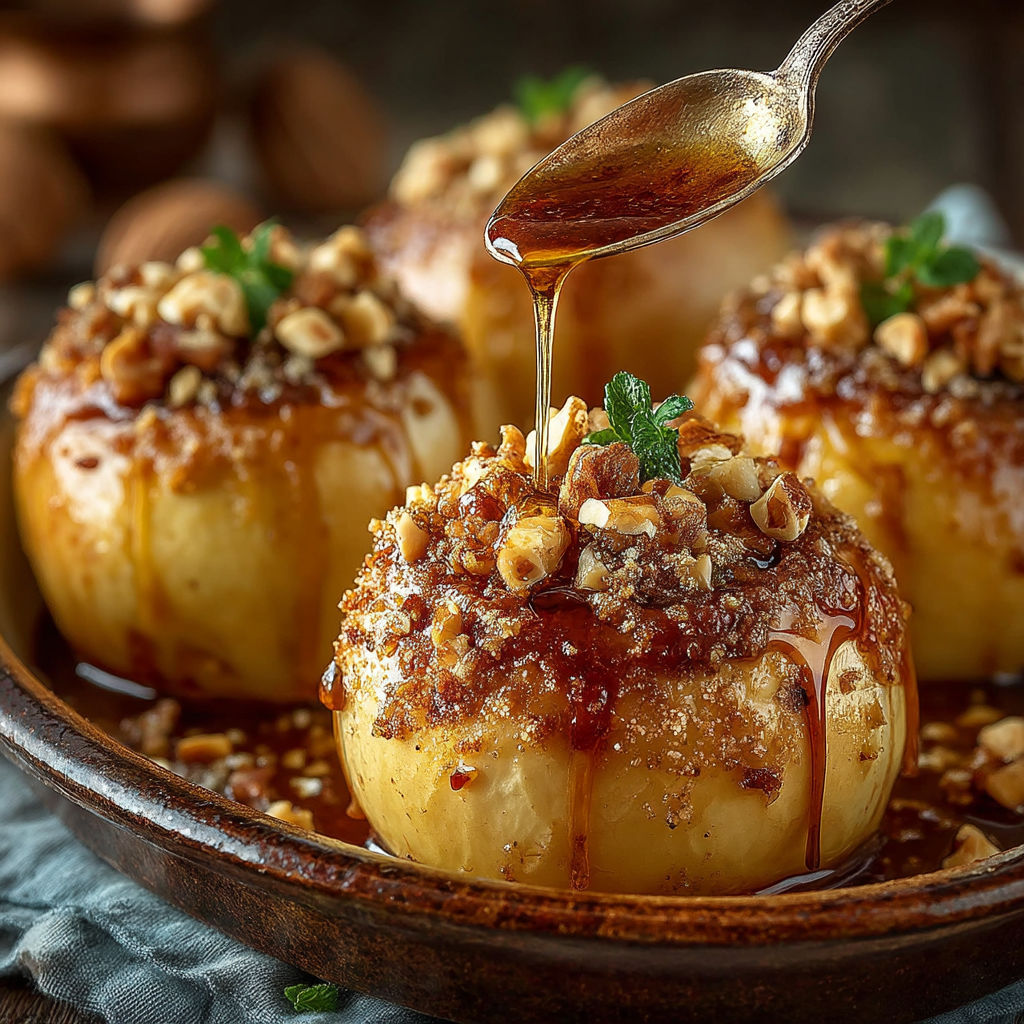 Desserts with caramel sauce and nuts.