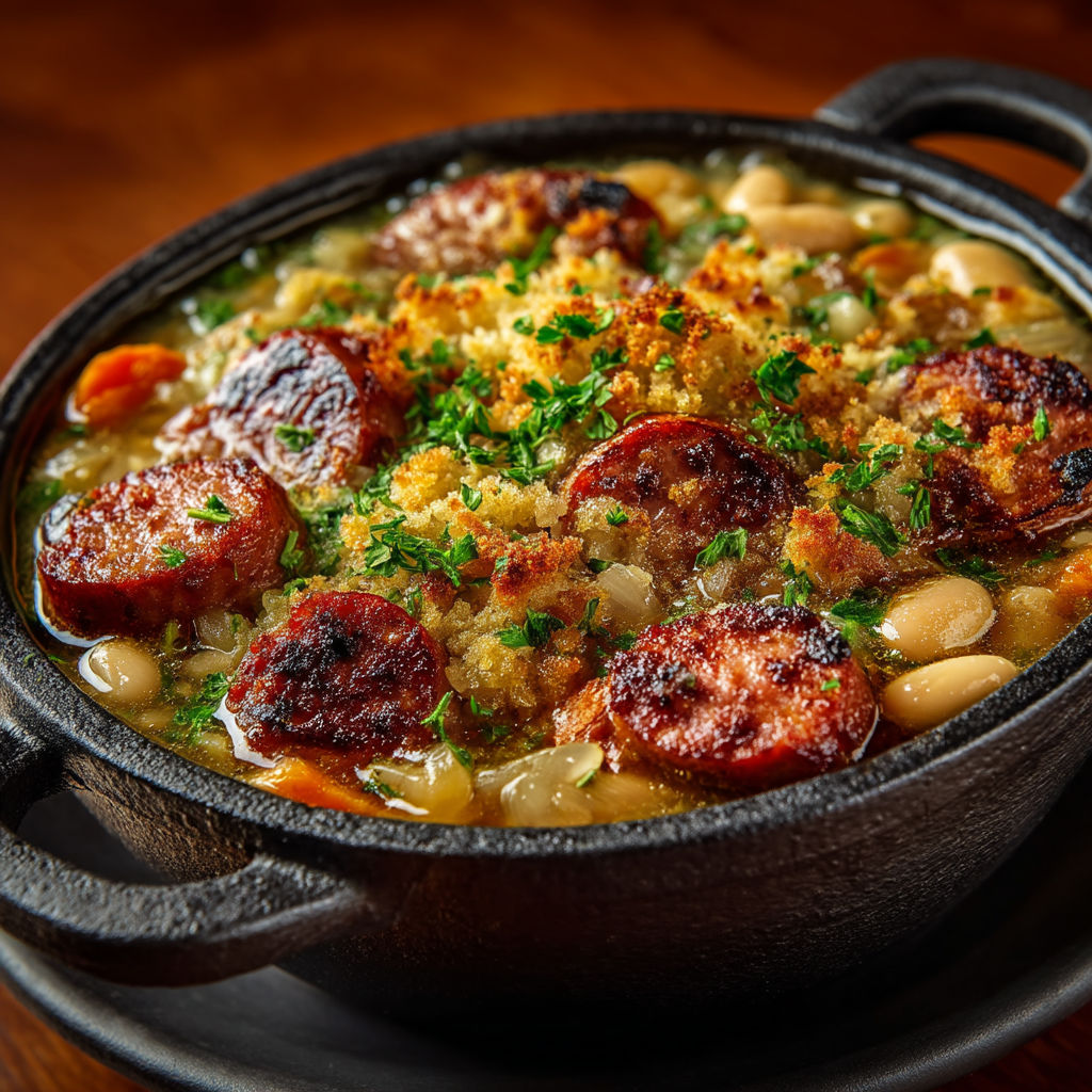 Une soupe chaude avec des chorizos et des haricots.