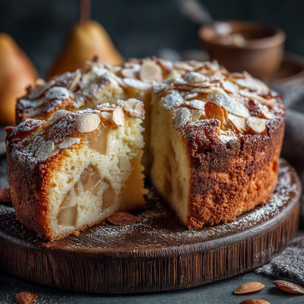 Une portion de gâteau aux poires sur une planche de bois.