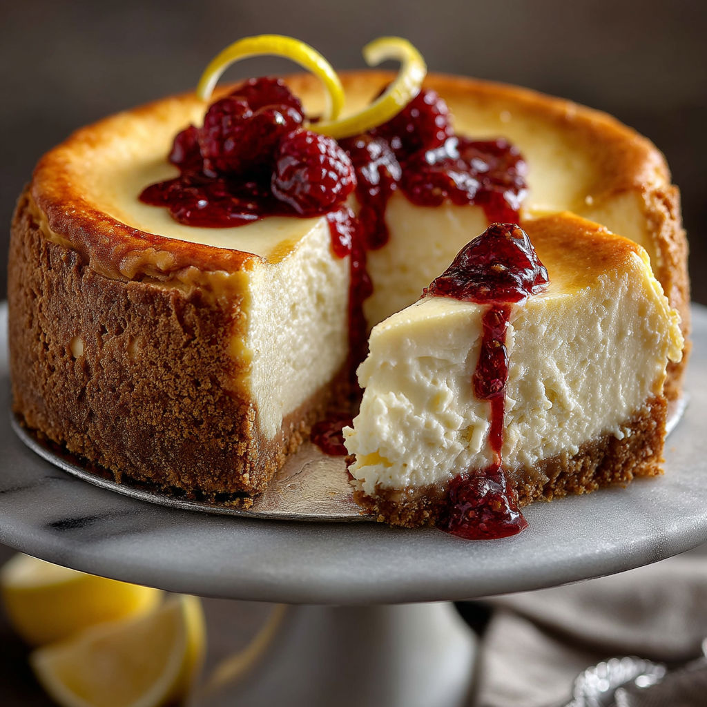 Une portion de cheesecake New-Yorkais avec des fruits rouges et des citrons.