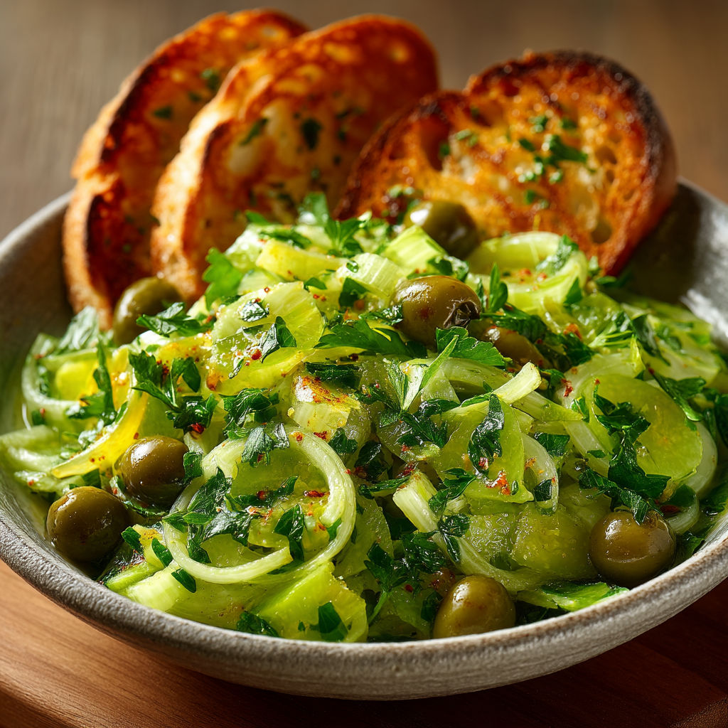 Une assiette de salade contenant des olives, des céleris et des tranches de pain grillé.