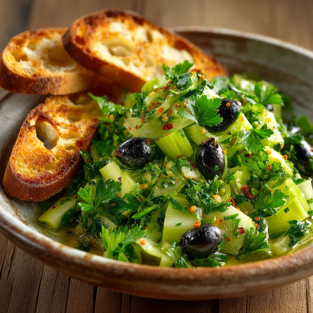 Une assiette de salade contenant des olives, des herbes et des tranches de pain grillé.