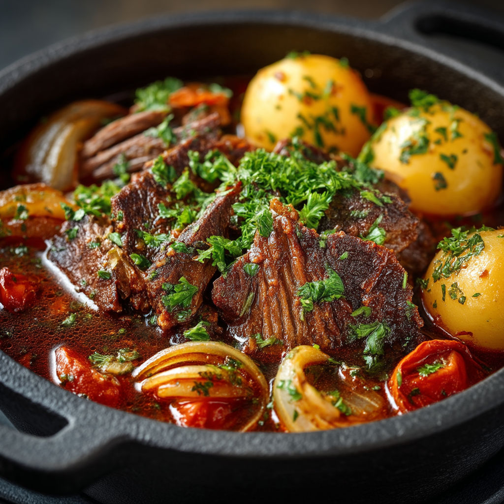 Une casserole de viande avec des légumes et des pommes de terre.