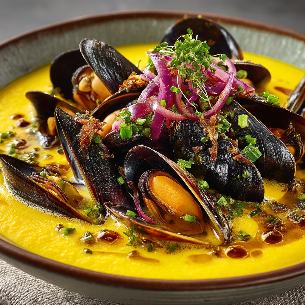 Une assiette de soupes avec des moules et des épinards.