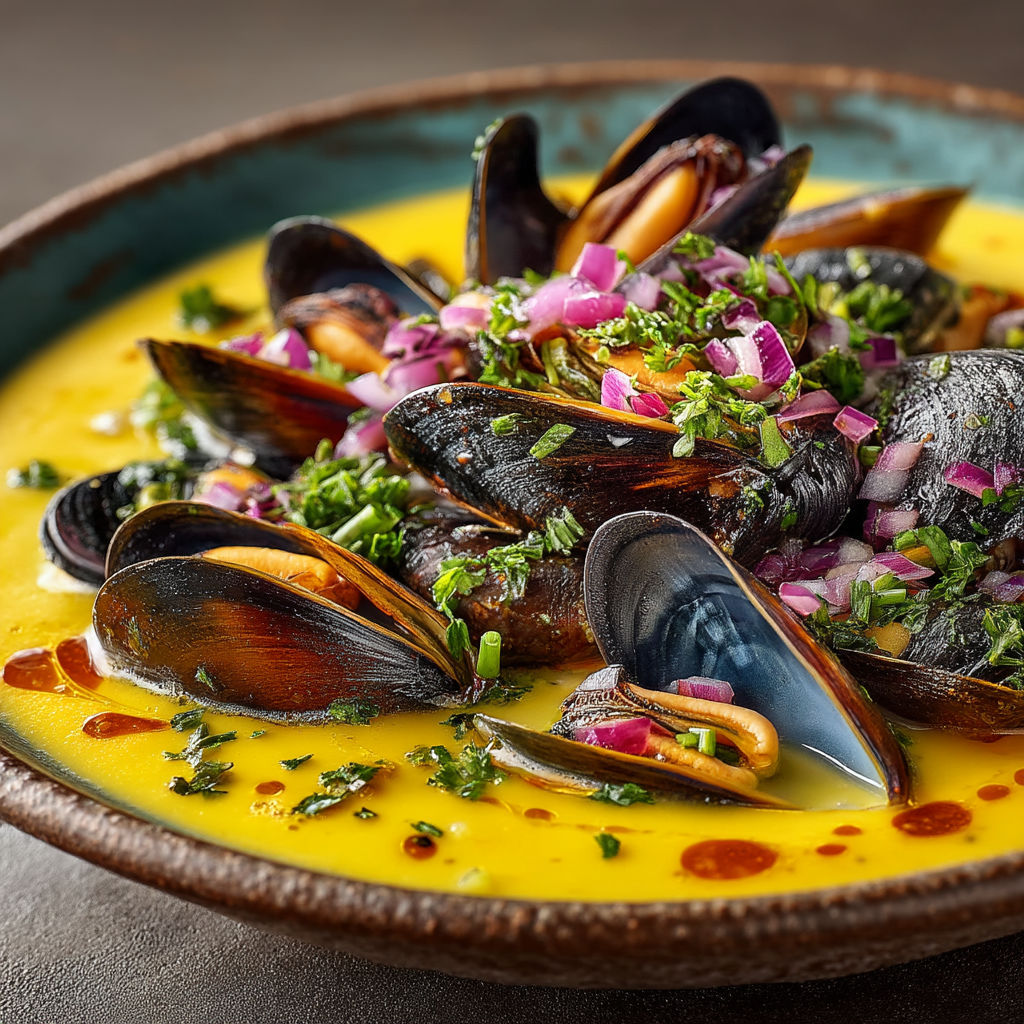 Une assiette de moules et de légumes.