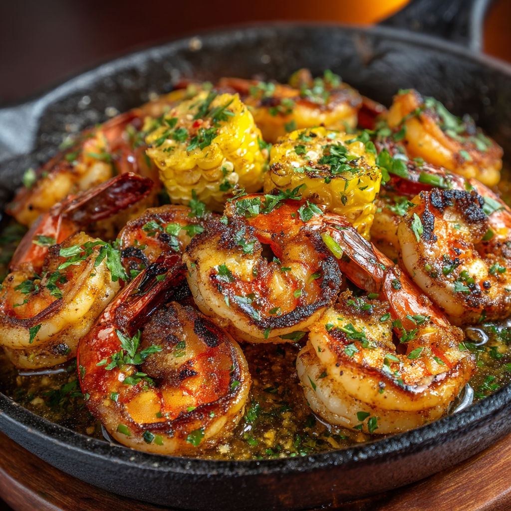 Shrimp in a pan with vegetables.