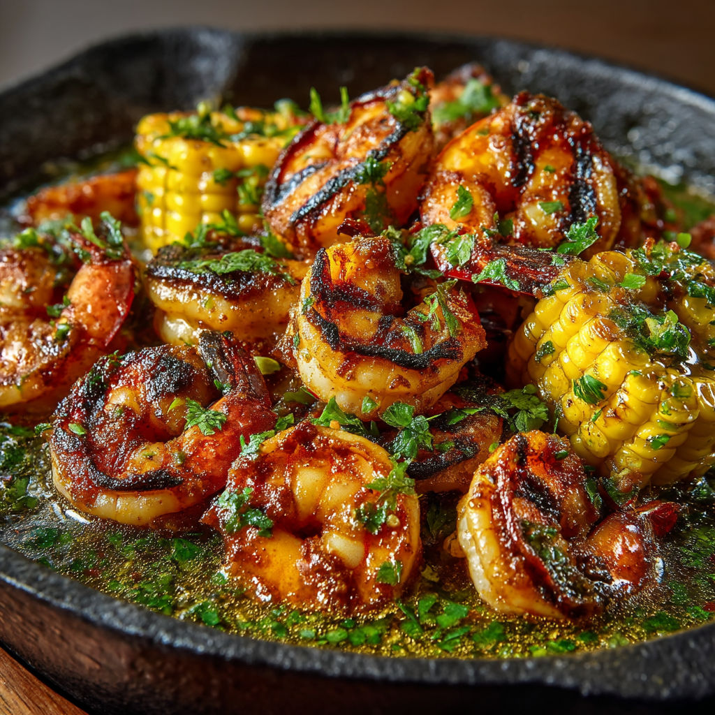 Une assiette de crevettes et de maïs.