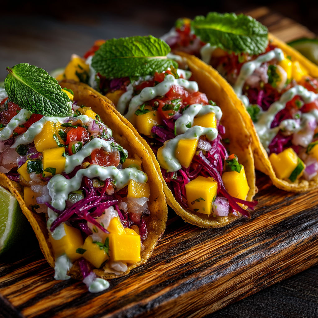 Tacos colorés avec des légumes et des sauces.