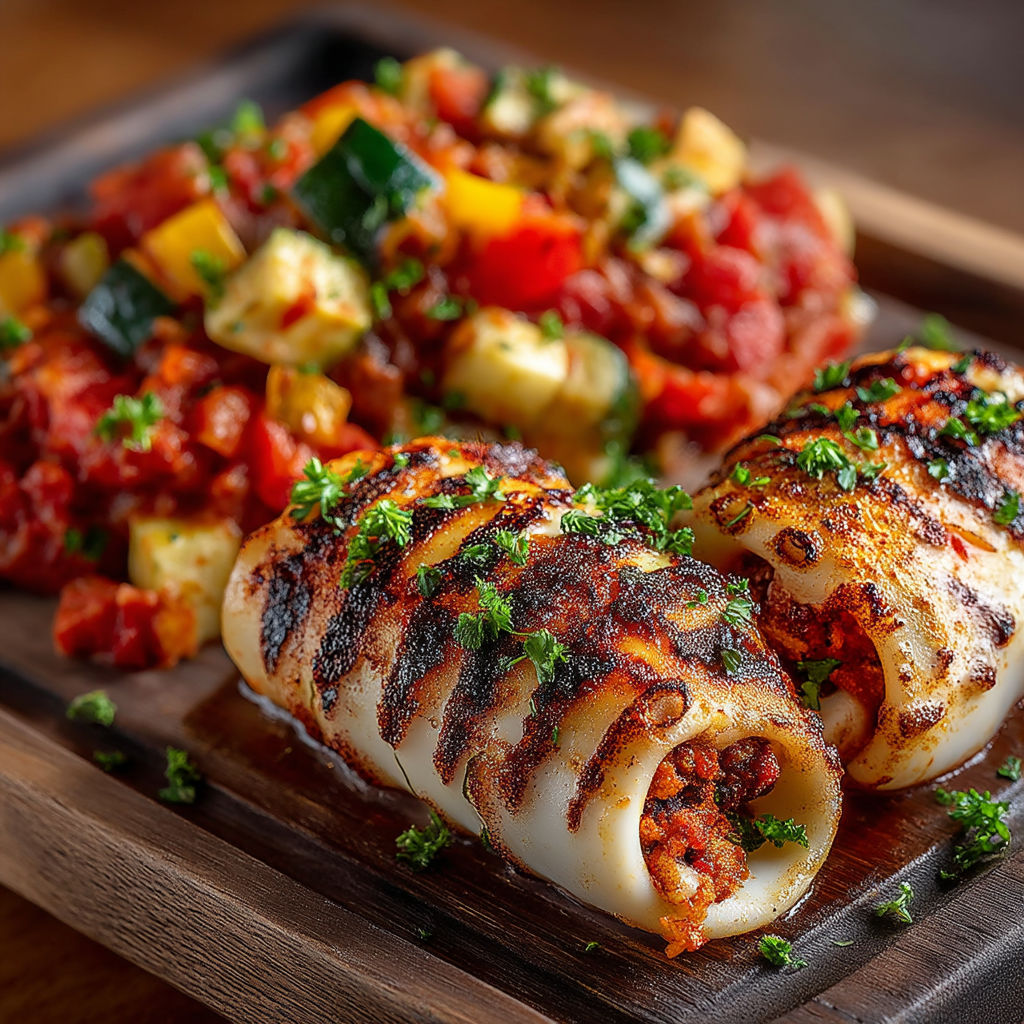 Calamars et ratatouille sur une plancha.