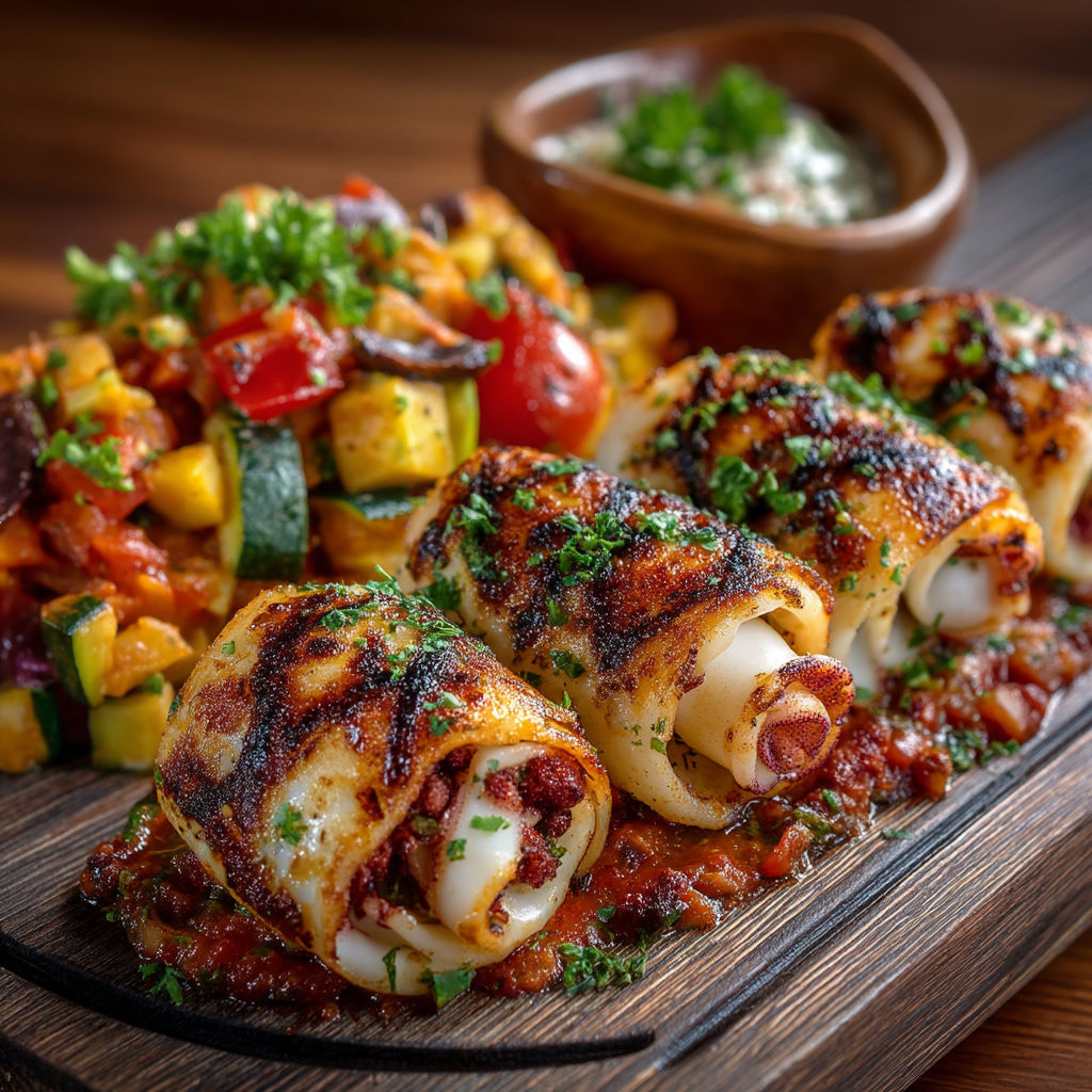 Une table de repas avec des mets grillés et des légumes.