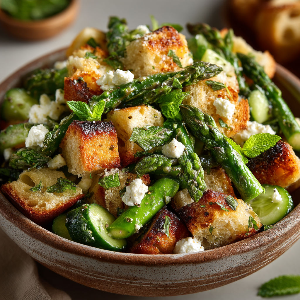 Une salade de printemps avec des asperges, des pains grillés et du fromage.