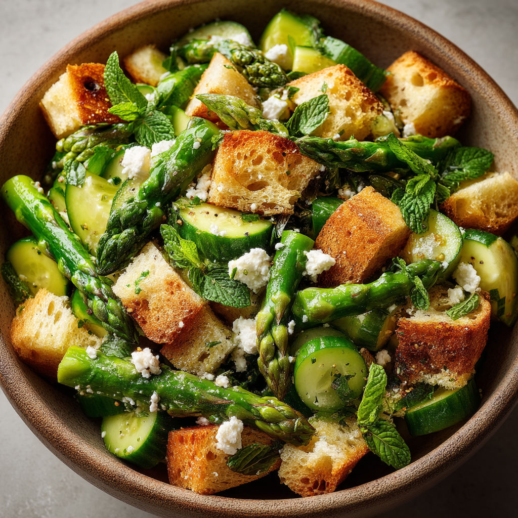 Une salade de légumes et de pain grillé.