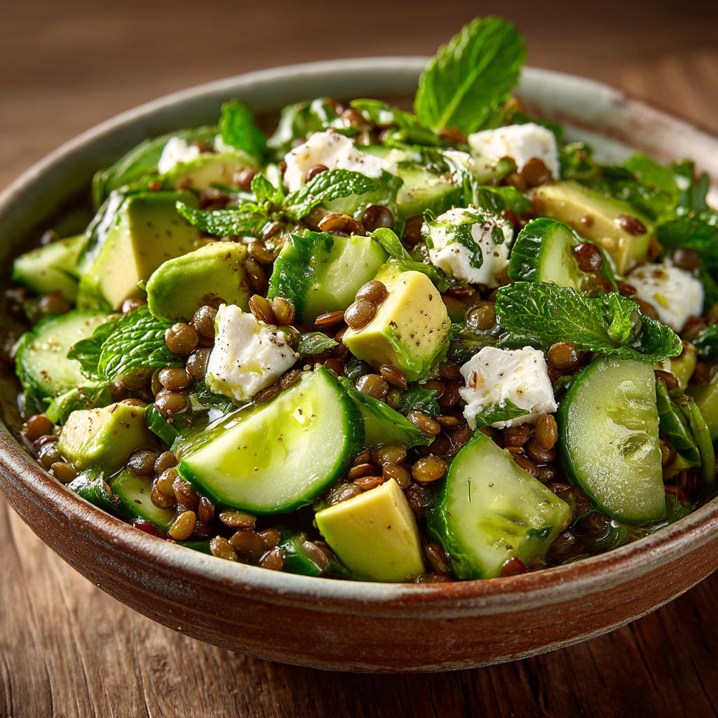 Une assiette de salade contenant des avocats, des cucumbers, des pois chiches et des herbes.