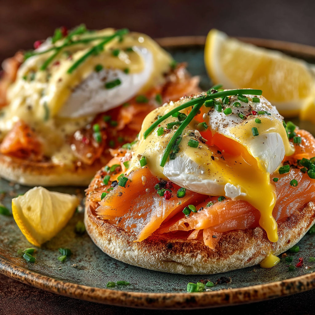 Une œufs bénédicte au saumon sur un plateau.