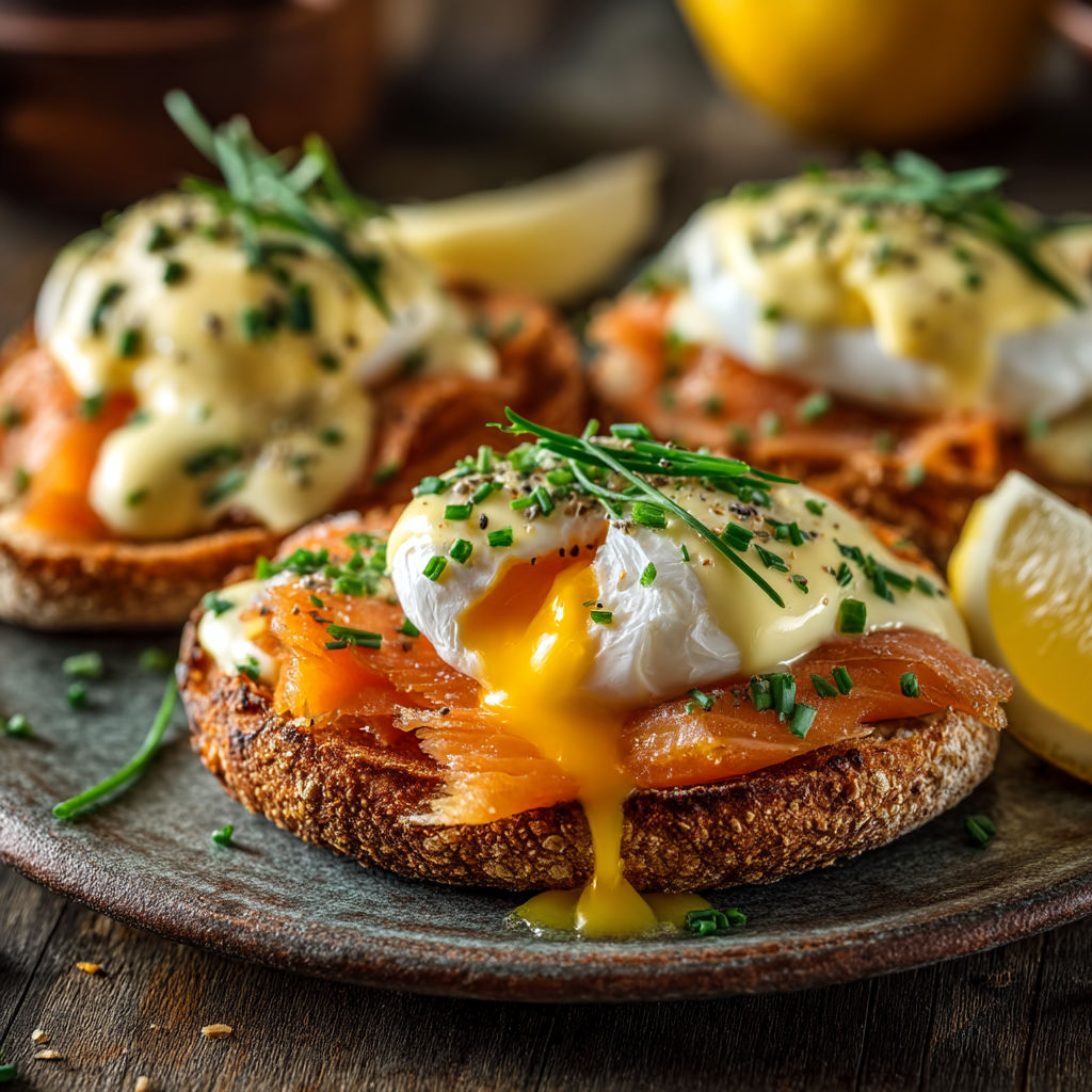 Quatre tartines de muffin au jus d'œufs et au fromage.