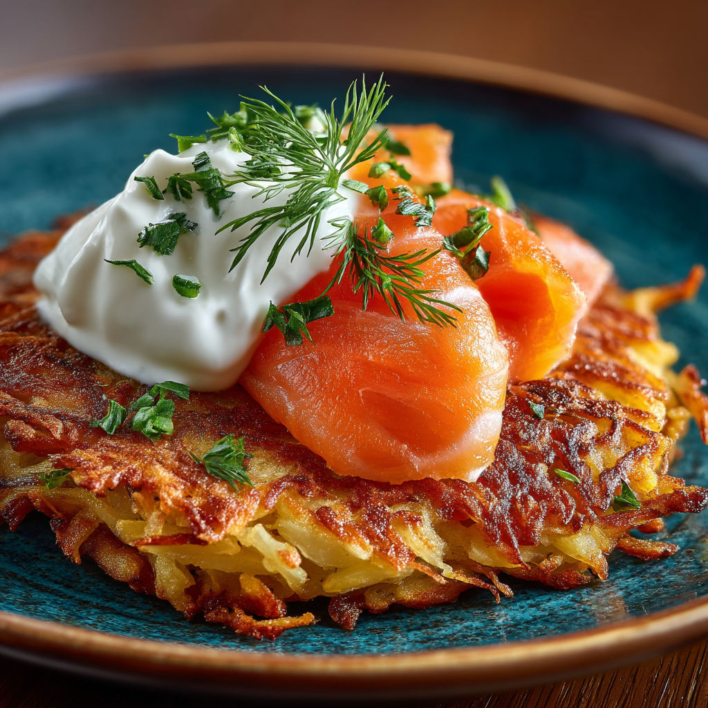 Une garniture de céleri et de saumon fumé sur un plat de rösti.