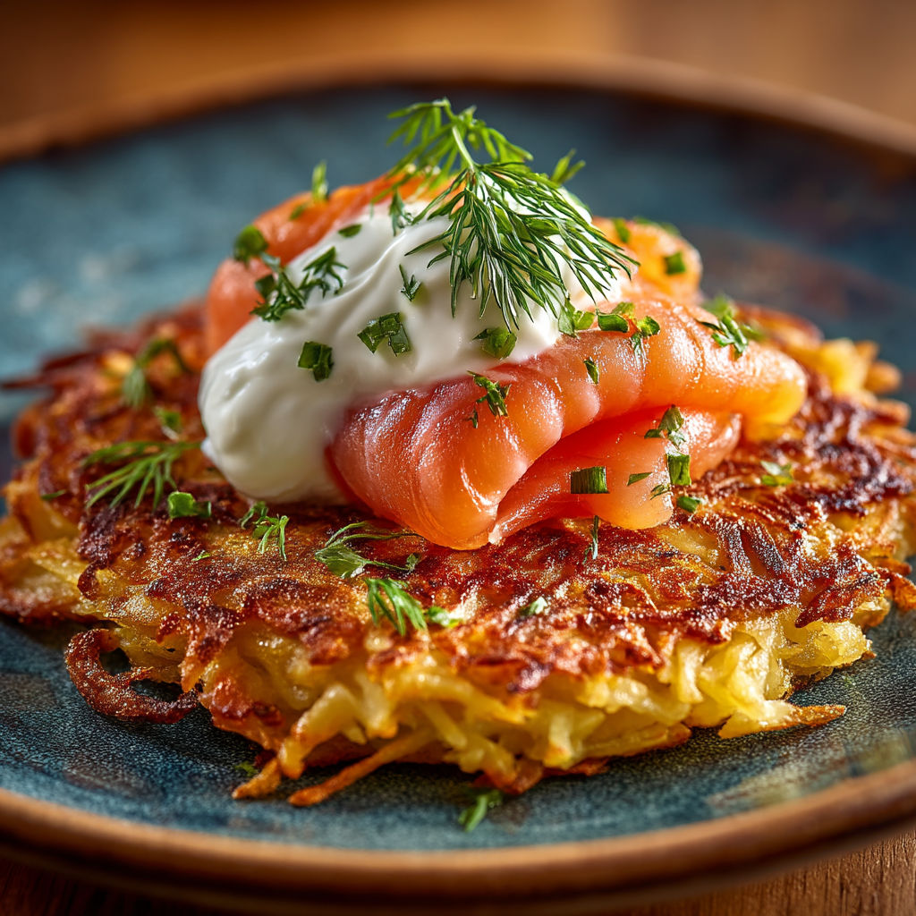 Une galette de pommes de terre avec des légumes et du saumon.