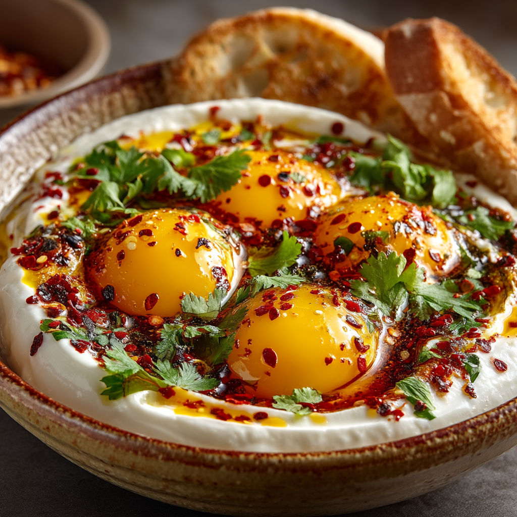 Une assiette de sauce avec des oeufs et du pain.