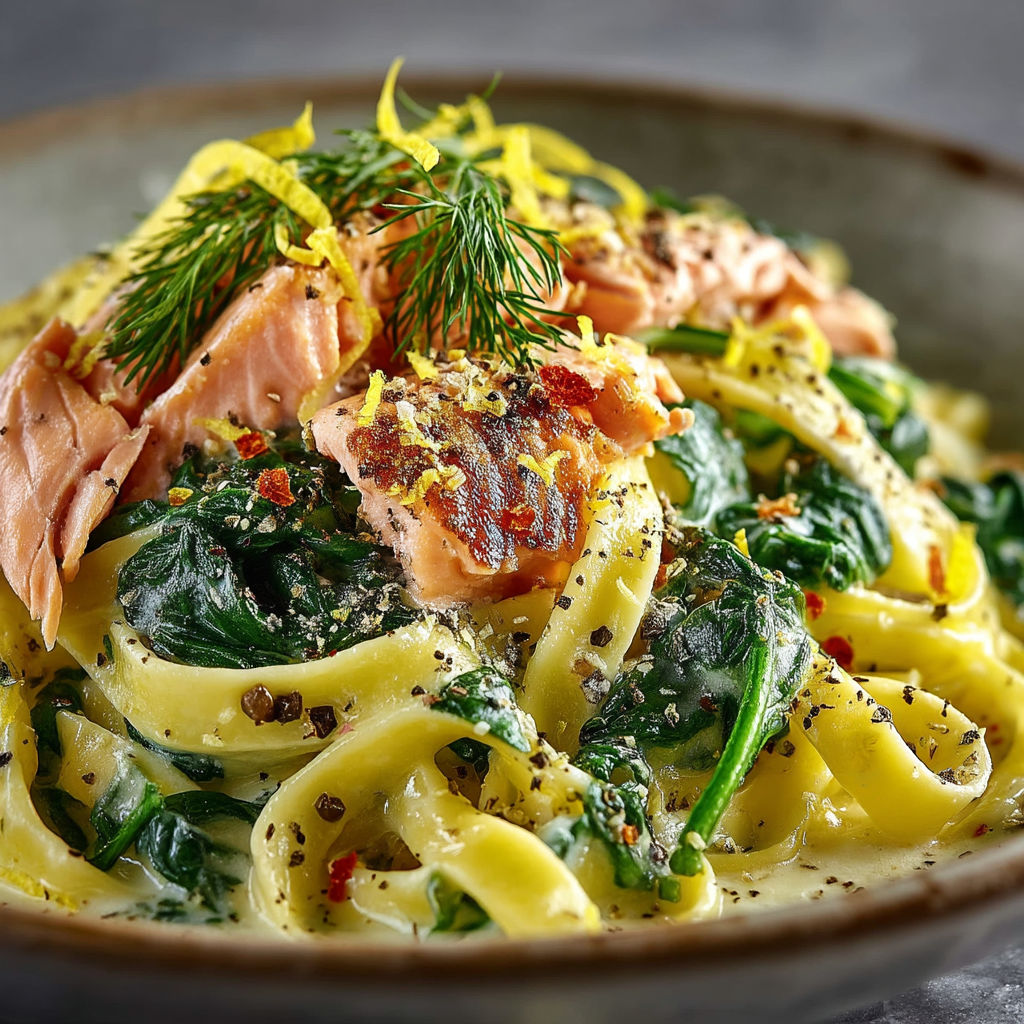 Une assiette de tagliatelle saumon épinards.