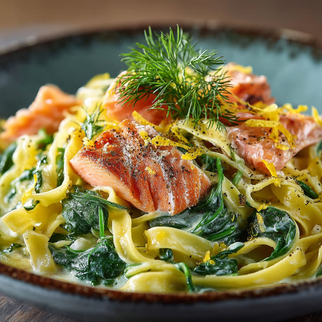 Une assiette de spaghetti avec des légumes et des poissons.