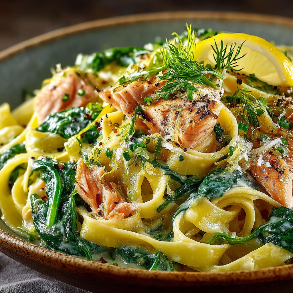 Une assiette de spaghetti avec des légumes verts et des poissons.