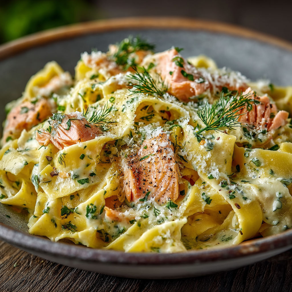 Une assiette de spaghetti avec des poissons et des herbes.