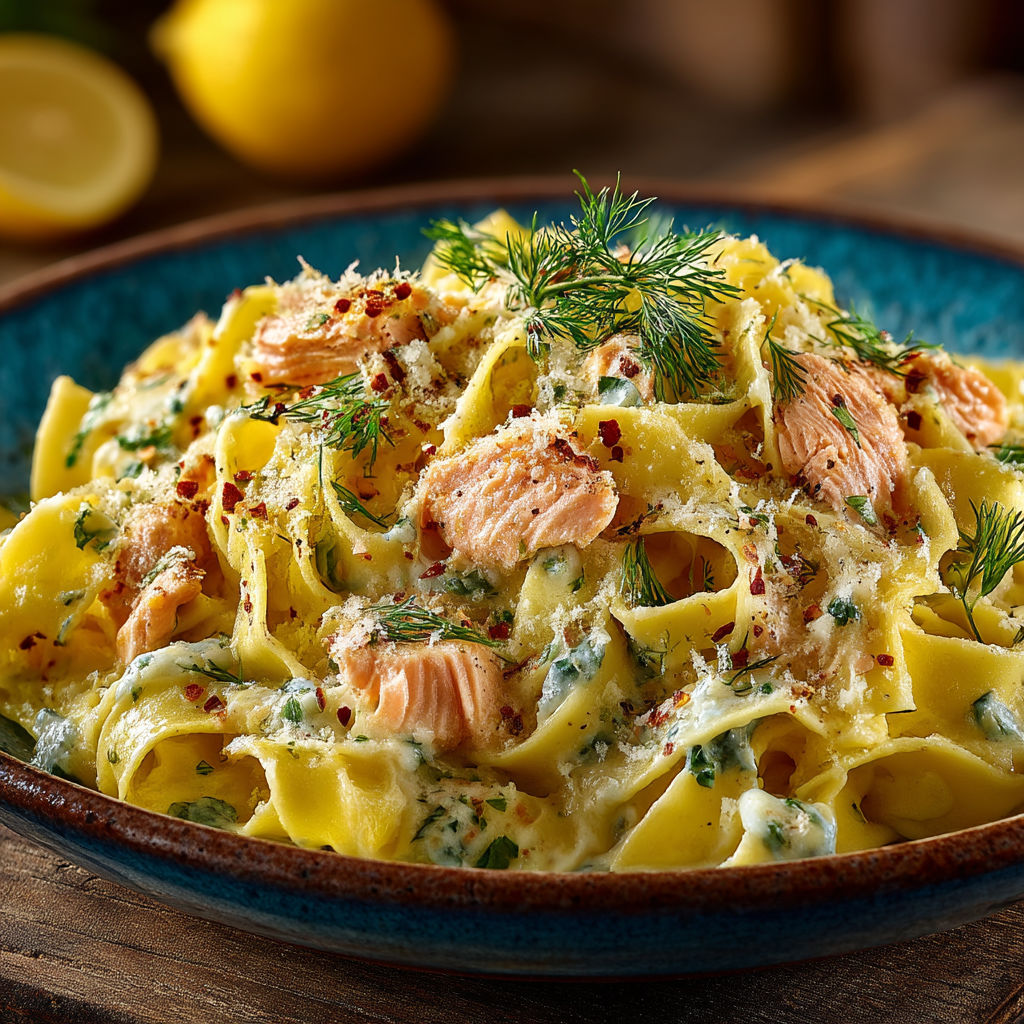 Une assiette de spaghetti avec des légumes et des poissons.