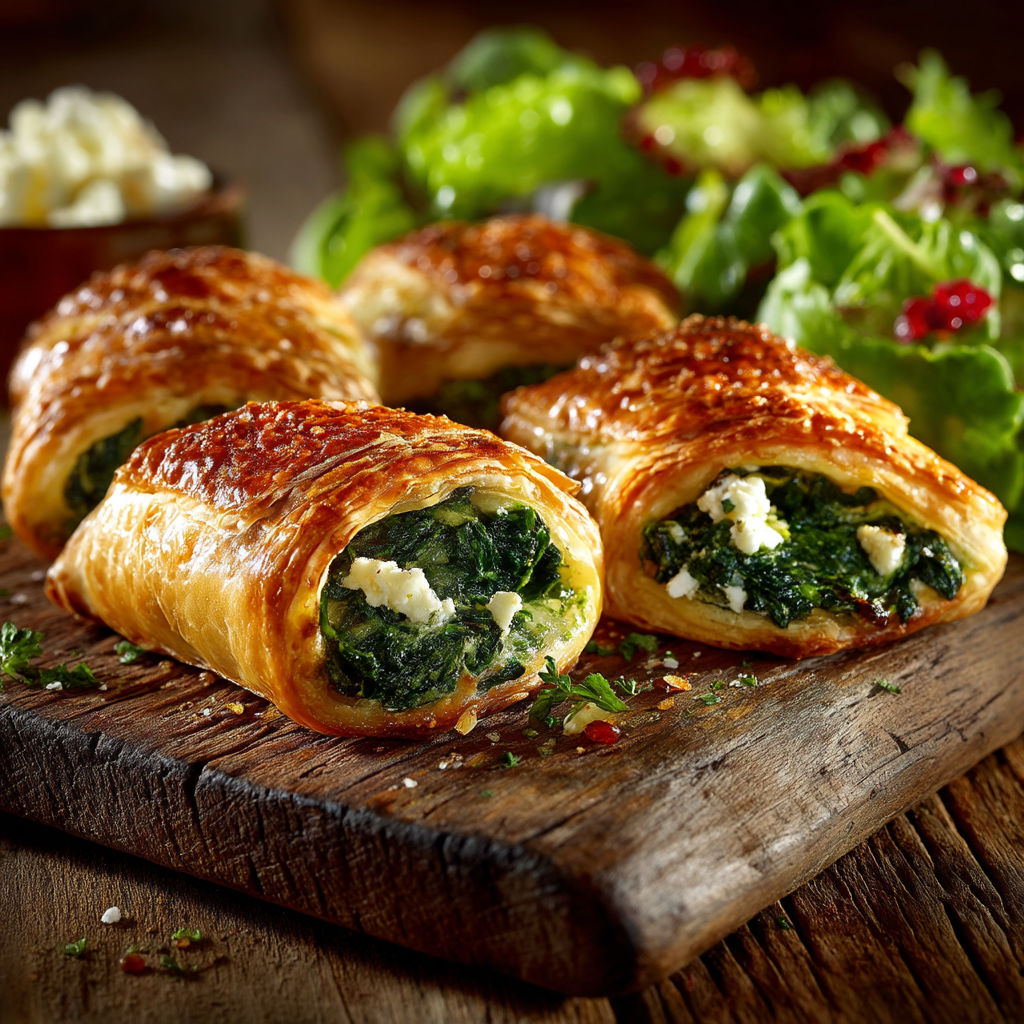 Une plaque de bois avec des croissants et des légumes verts.