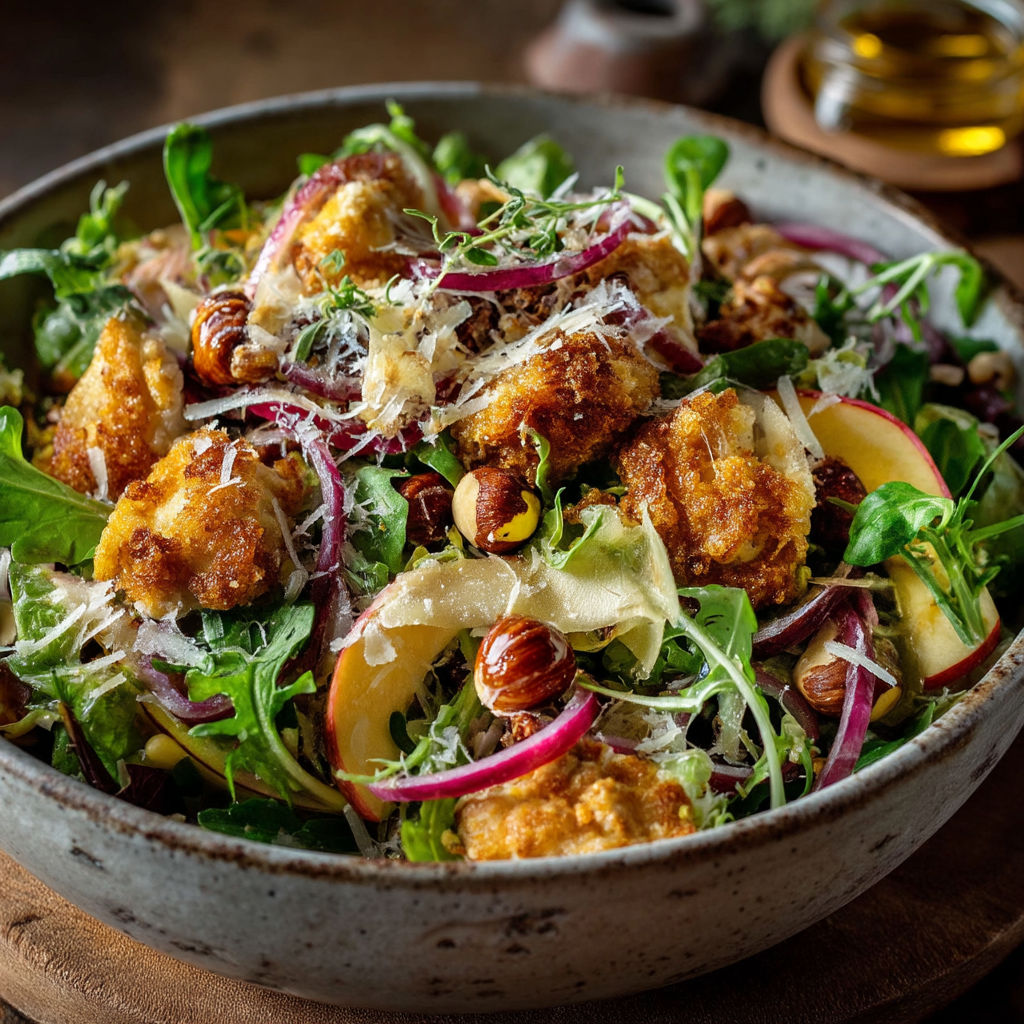 Une salade de poulet avec des légumes et des noix.