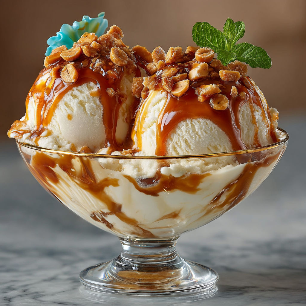 Un dessert en verre contenant des noix et du caramel.