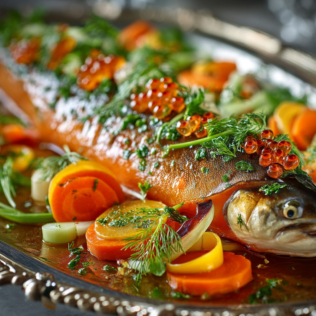 Une truite en bellevue avec des légumes.