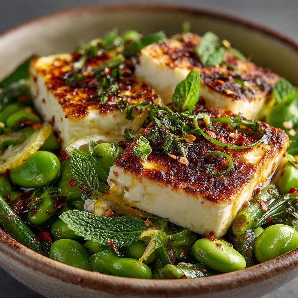 Une assiette contenant des légumes verts, des haricots et des cubes de fromage.