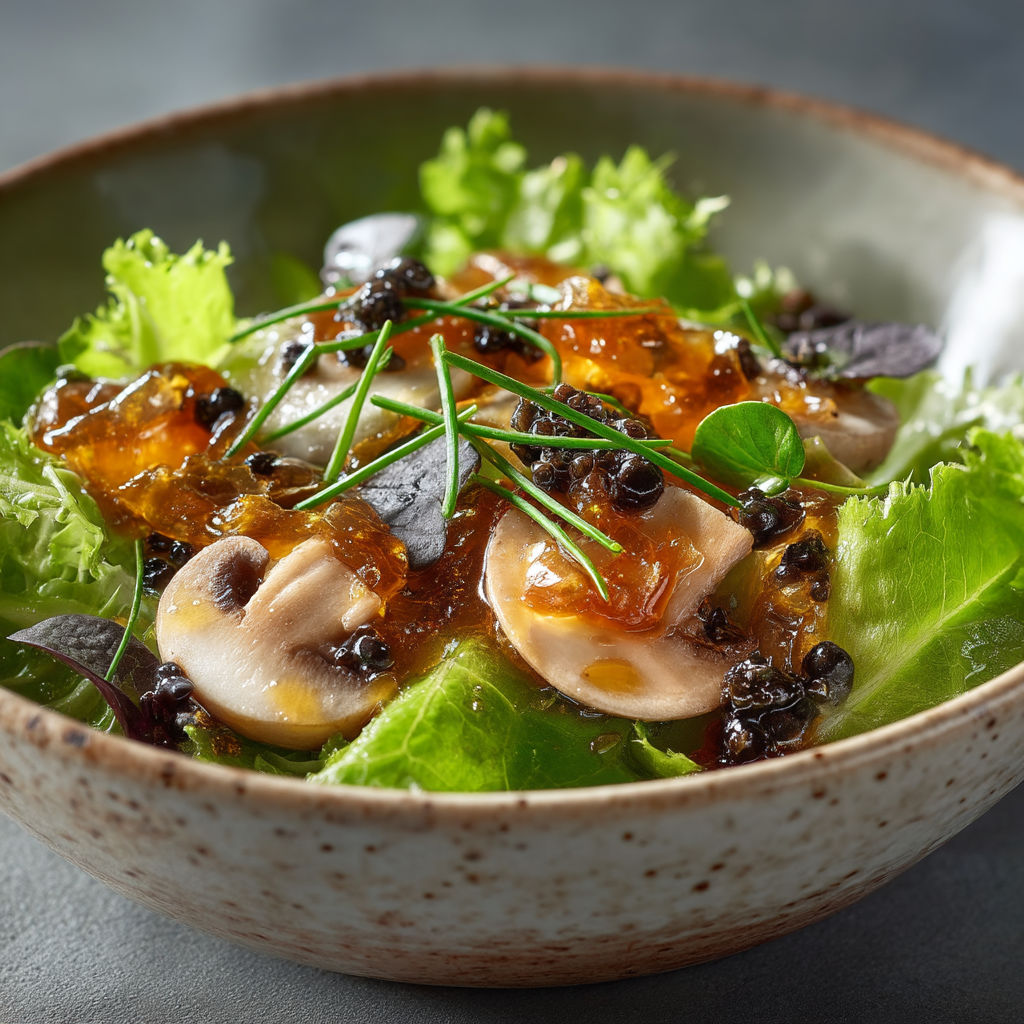 Salade de mâche champignons vinaigrette à la truffe.
