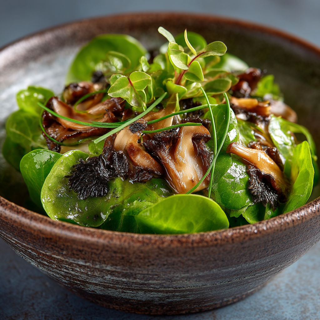Une assiette contenant des légumes verts et des champignons.