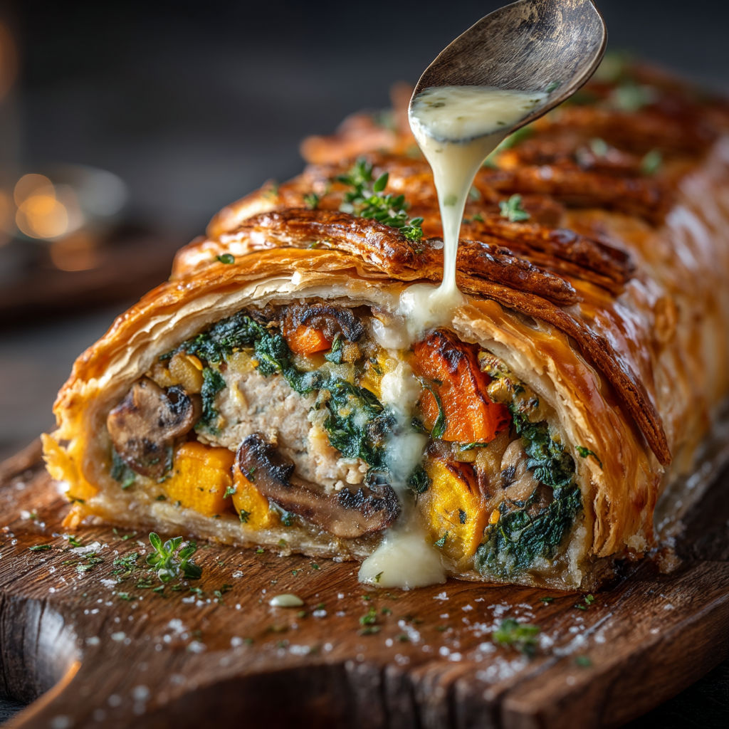 Une pâtisserie enroulée avec des sauces et des légumes.