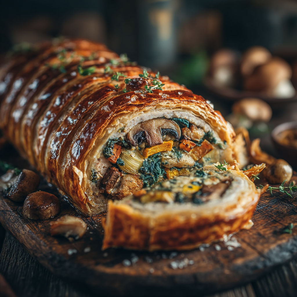 Un gâteau enroulé avec des légumes et des herbes.