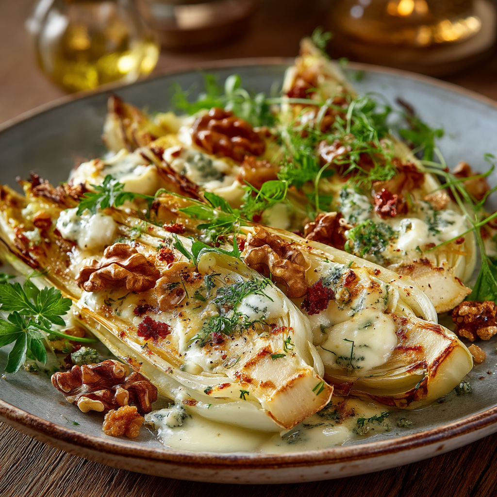 Une assiette de légumes grillés avec des sauces et des herbes.