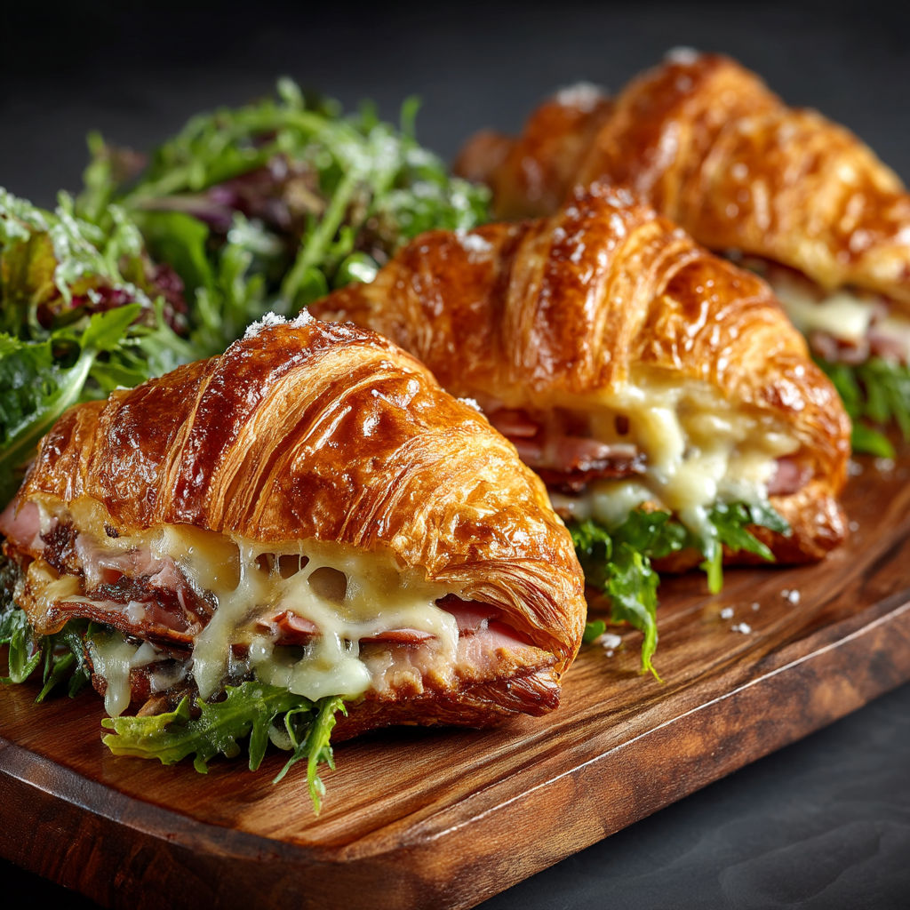 Croissants jambon-fromage sur une planche.