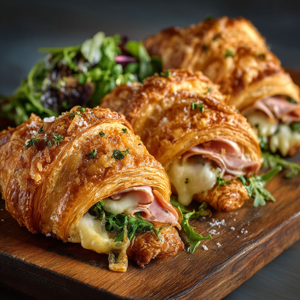 Une plaque de croissants avec des légumes et du jambon.