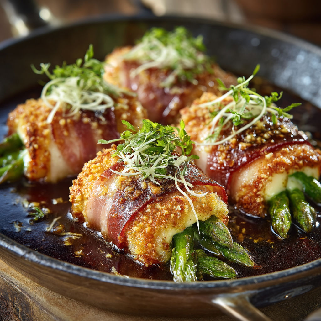 Un plat de viande avec des asperges.