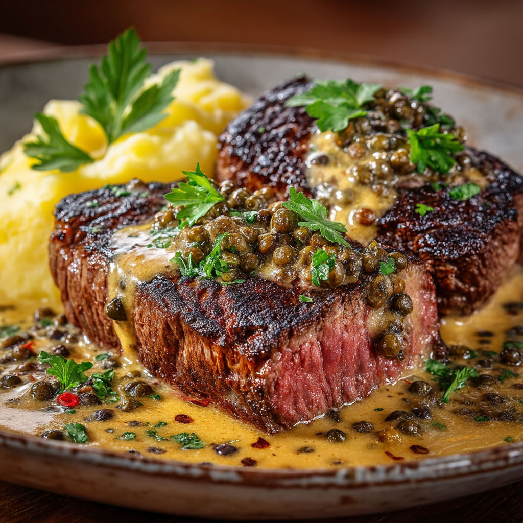 Steak grillé avec des champignons et des pommes de terre.