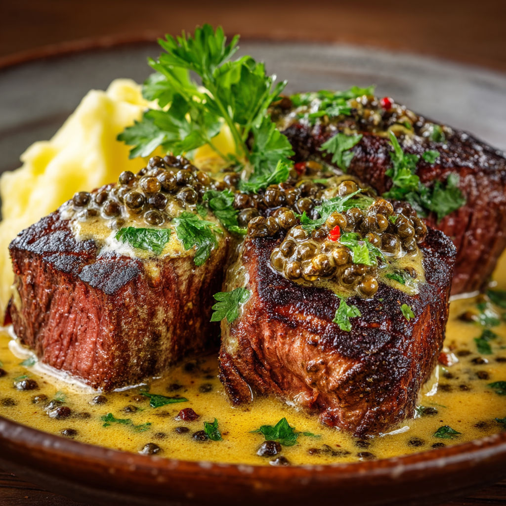 Steak grillé avec des champignons et des herbes.