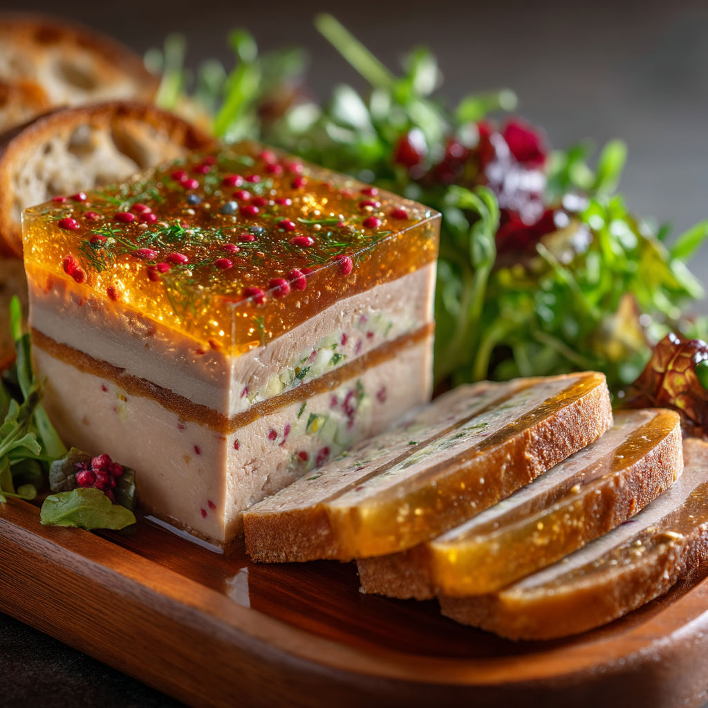 Une terrine de foie gras et céleri sur un plateau.