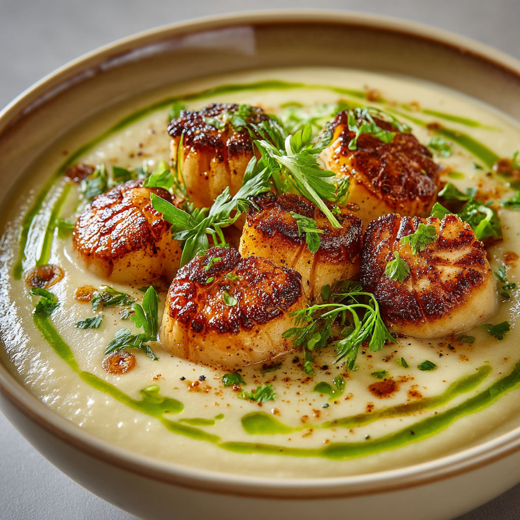 Un plat de velouté de céleri et Saint-Jacques.