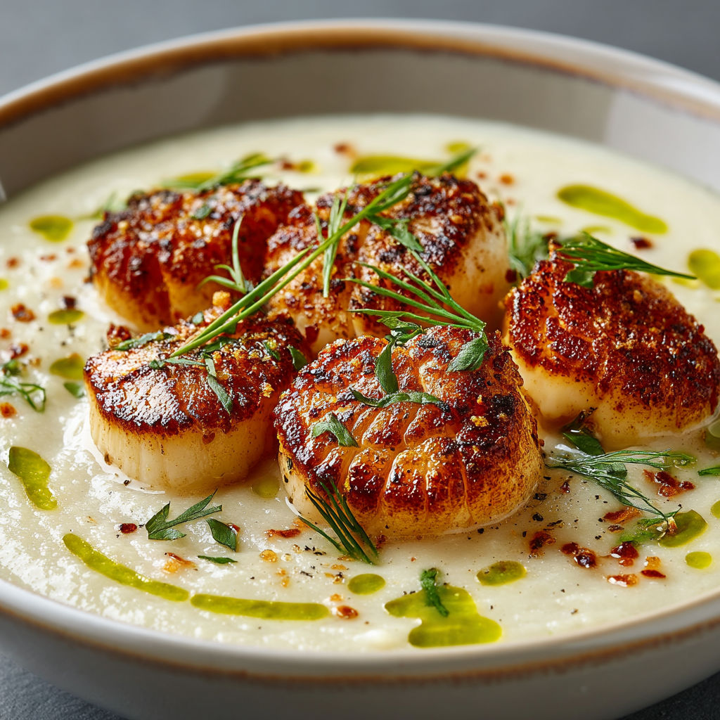 Une soupe avec des moules et des herbes.
