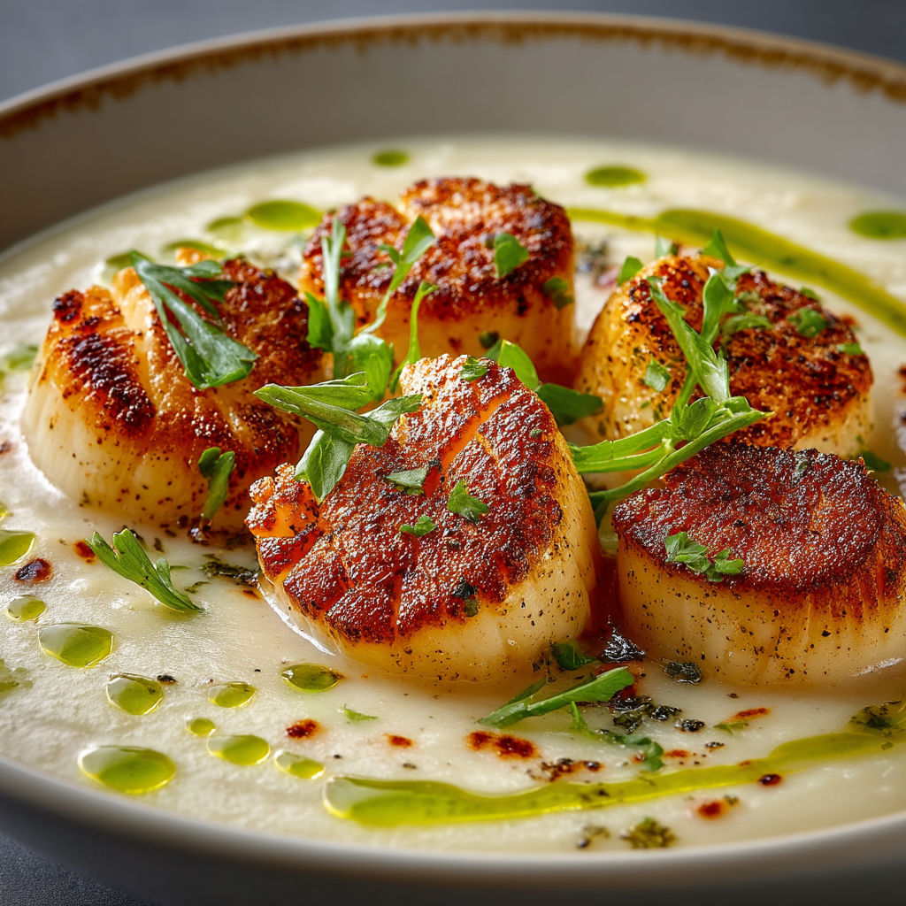 Une soupe avec des moules et des herbes.